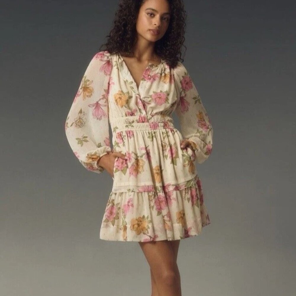 Anthropologie Maeve Somerset Mini Dress Ivory/Pink Combo Floral MP